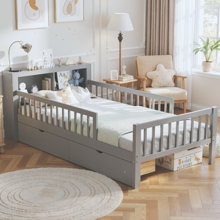 Sunvega Twin Size Bed with Headboard Storage, Two Under-Bed Drawers, and Three-Side Guardrails