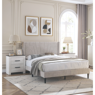 Sunvega Light Brown Queen Size Upholstered Burlap Fabric Headboard Platform Bed