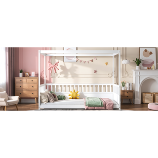 Sunvega Full Size Canopy Floor Bed Frame with Guardrails for Kids Boys Girls