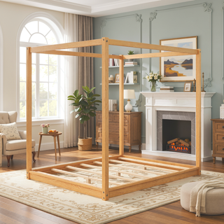 Sunvega White Queen Size Canopy Platform Bed with Support Legs and Sturdy Frame