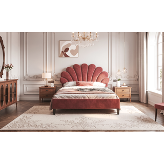 Sunvega Queen Size Upholstered Platform Bed with Flower Pattern Velvet Headboard