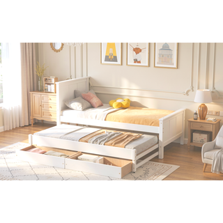 Sunvega Twin Size White Platform Bed with Trundle and Two Drawers for Storage