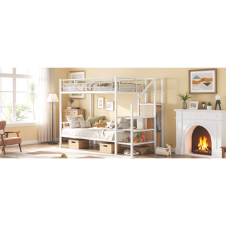 Sunvega Twin Over Twin Metal Bunk Bed with Lateral Ladder and Wardrobe in White
