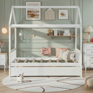 Sunvega Twin House Bed Frame with Trundle and Roof Made of Solid Pinewood