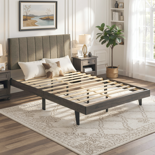 Sunvega Brown and Weathered Grey Upholstered Queen Bed with Rustic Platform Design