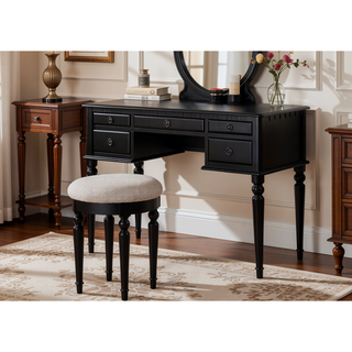 Sunvega Contemporary Black Rubber Wood Vanity Set with Foldable Mirror and Stool