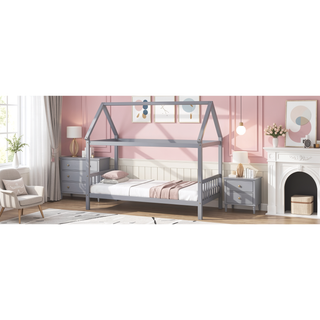 Sunvega Twin Rubber Wood House Bed with Headboard and Footboard in Light Grey
