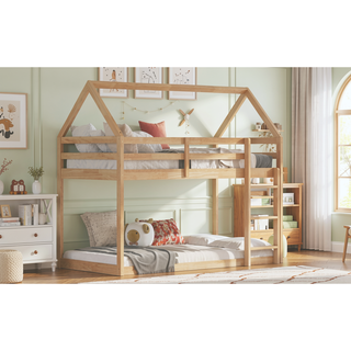Sunvega Rubber Wood Twin over Twin Bunk Bed with Ladder and Guardrails
