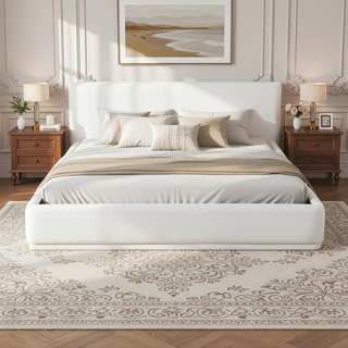Sunvega Upholstered Bed with Padded Headboard and Wooden Slat Frame in White