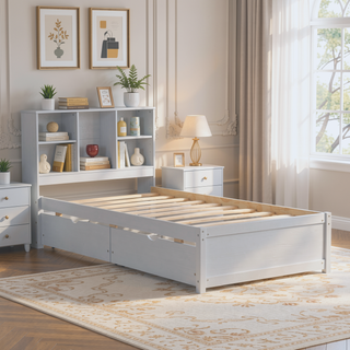 Sunvega Modern Twin Size Bed Frame With USB Port Bookcase Headboard and 2 Drawers