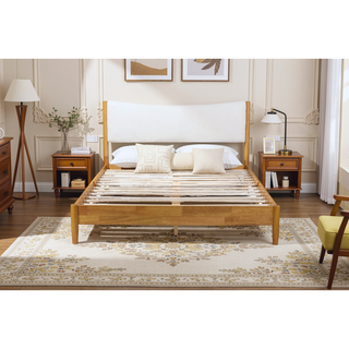 Sunvega Queen Size Boucle Upholstered Headboard Solid Rubber Wood Bed with Support Feet