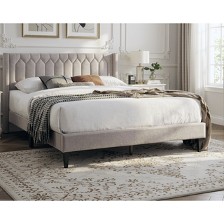 Sunvega Modern Light Brown Burlap Upholstered Diamond Design Queen Headboard