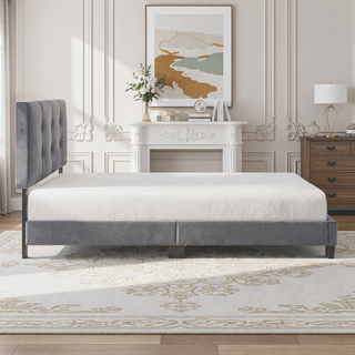 Sunvega Light Brown Velvet Upholstered Queen Platform Bed with Adjustable Height Headboard