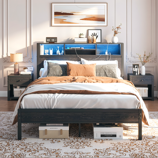 Sunvega Twin Size Bed Frame with Storage Headboard, Charging Station, and Bookcase