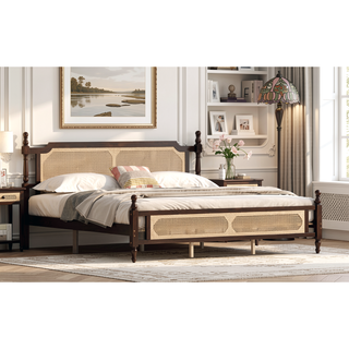 Sunvega King Pine Wooden Bed with Rattan Headboard and Footboard, Walnut