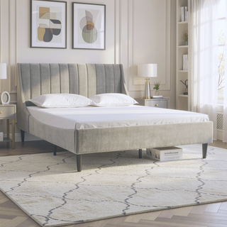 Sunvega Handmade Vertical Tufted Headboard Platform Bed Set in Light Beige Linen