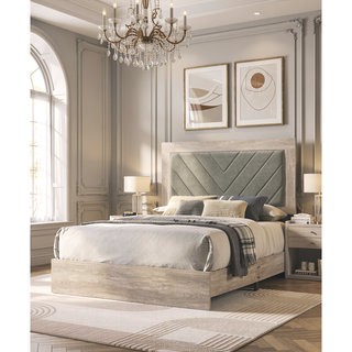 Sunvega Contemporary Cream Eastern King Size Bed with V-Design Headboard