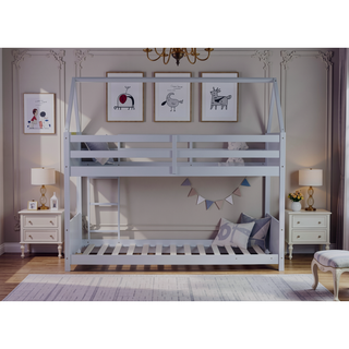 Sunvega Twin Over Twin House Floor Bunk Bed with Headboards Footboards Guardrails and Ladder