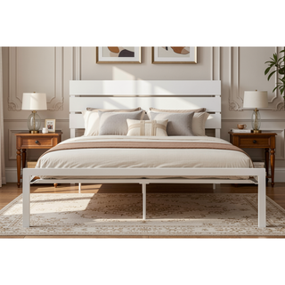 Sunvega White Metal Frame Queen Bed with MDF Headboard for Bedroom