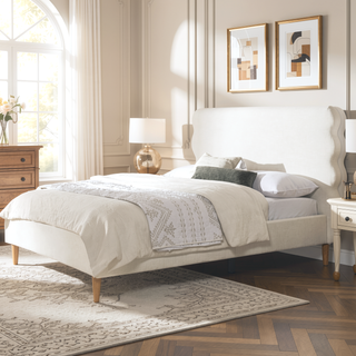 Sunvega Retro Modern Wavy Headboard Platform Bed with Upholstered Frame in Antique White