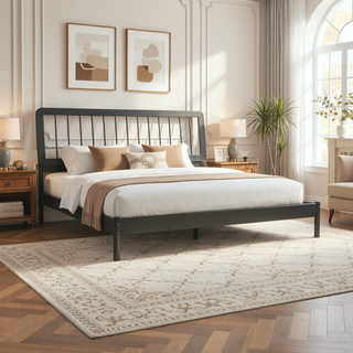 Sunvega Solid Pine Wood King Spindle Bed with Slat-Back Design