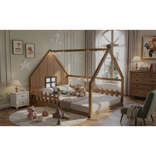 Sunvega Full Size Wood House Bed with Fence Window and LED Lights