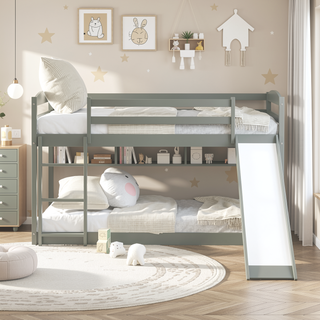 Sunvega Twin over Twin Floor Low Bunk Bed with Ladder for Kids Bedroom