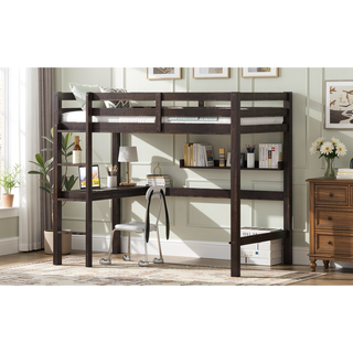 Sunvega Twin High Loft Bed with Built-in Desk and Ladder in Espresso Rubber Wood