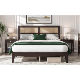 Sunvega Full Size Bed with Rattan Headboard Two Storage Drawers and Enhanced Support Slats