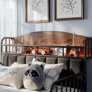 Sunvega Kids Full Metal Bed with Upholstered Headboard LED Lights and Storage