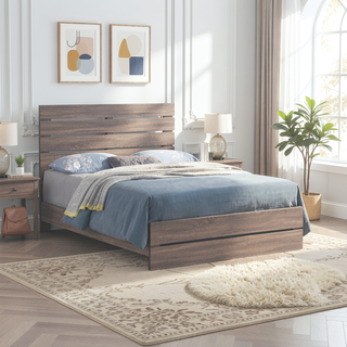 Sunvega Geary Barrel Oak Panel Eastern King Bed with Slat Structure