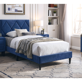 Sunvega Navy Blue Velvet Upholstered Twin Size Bed with Tufted Headboard