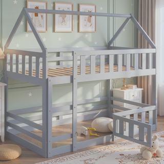 Sunvega Twin over Twin House Bunk Bed with Fence and Door in Gray