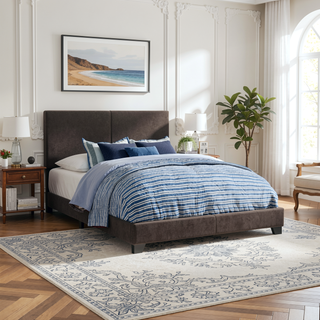 Sunvega Warwick Brown Upholstered Eastern King Panel Bed with Solid Wood Legs and Padded Frame