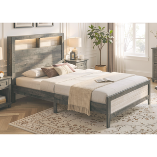 Sunvega King Size Platform Storage Bed with Plank-style Headboard and Built-in Lighting