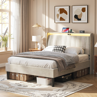 Sunvega Full Size Upholstered Platform Bed Frame with Headboard and USB Charging