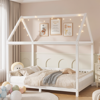 Sunvega White House Shaped Full Size Bed with Guardrail and LED Lights