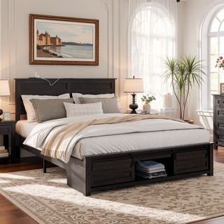 Sunvega Queen Bed Frame with Upholstered Headboard and LED Lighting Charging Station
