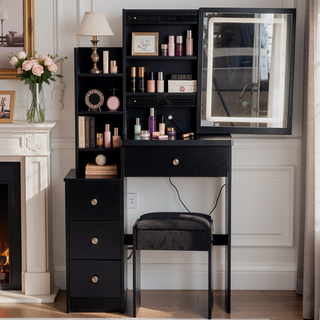 Sunvega Small Space Left Bedside Cabinet Vanity Table with Cushioned Stool and Sliding Mirror