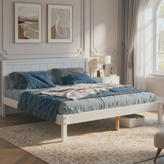 Sunvega Sturdy Wood Platform Bed Frame with Headboard for Queen Size Oak Finish