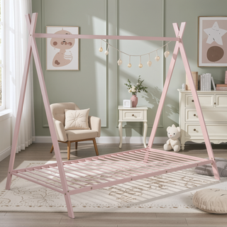 Sunvega Pink Twin Size Metal House Bed Frame with Slat Base for Kids