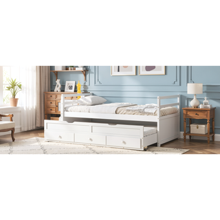 Sunvega Twin Size Pine Wood Bed with Headboard, Footboard, Trundle, and Three Storage Drawers