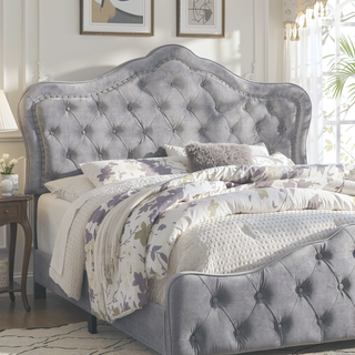 Sunvega Grey Velvet Upholstered Queen Panel Bed with Button Tufting and Chrome Nailheads