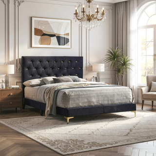 Sunvega Black and Gold Diamond Tufted Upholstered Eastern King Panel Bed Frame