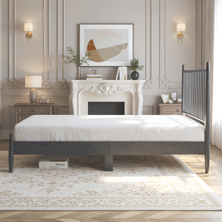Sunvega Mid-Century Modern Design Full Platform Bed with Vertical Slats Headboard