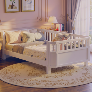 Sunvega White Twin Wood Platform Bed for Kids with Safety Rails and Low Profile