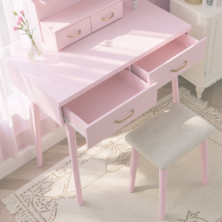 Sunvega Pink Finish Vanity Dresser with Mirror and Stool Set LED Light