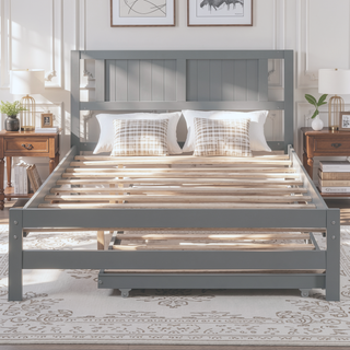 Sunvega Full Size Platform Bed with Adjustable Trundle and Headboard in Gray