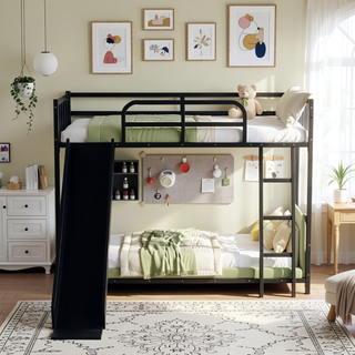 Sunvega Metal Bunk Bed with Slide Ladder and Safety Guard Rails for Kids