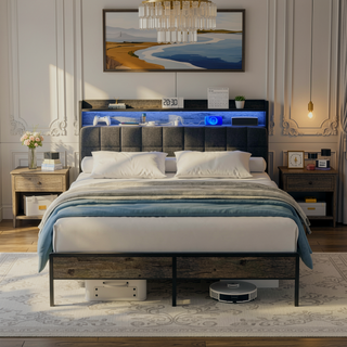 Sunvega Queen Bed Frame with Ergonomic Headboard RGB LED Lights and Charging Station